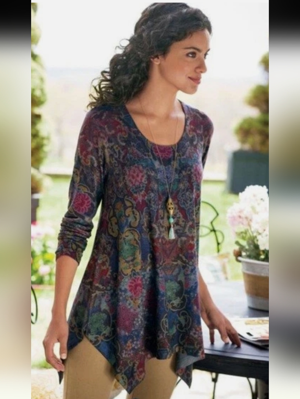 SOFT SURROUNDINGS Boho Multi Color Floral LongSleeve Handkerchief Hem TUNIC Top